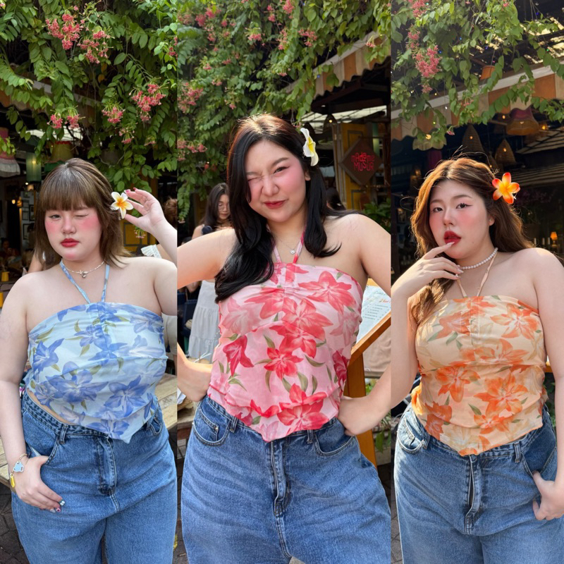 เสื้อเกาะอกผูกคอ สาวอวบ เนื้อผ้าซีทรูลายดอกชบา ต้อนรับซัมเมอร์ ใส่ไปทะเลไปคาเฟ่ เก๋สุดๆ
