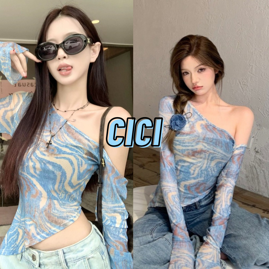 ส่งทันที Cici (NO. H8818) เสื้อปาดไหล่ซีทรูดีเทลแขนกระดิ่งงานพิมพ์ลายสไตล์ฮาวายเหมาะสำหรับวันสงกรานต์