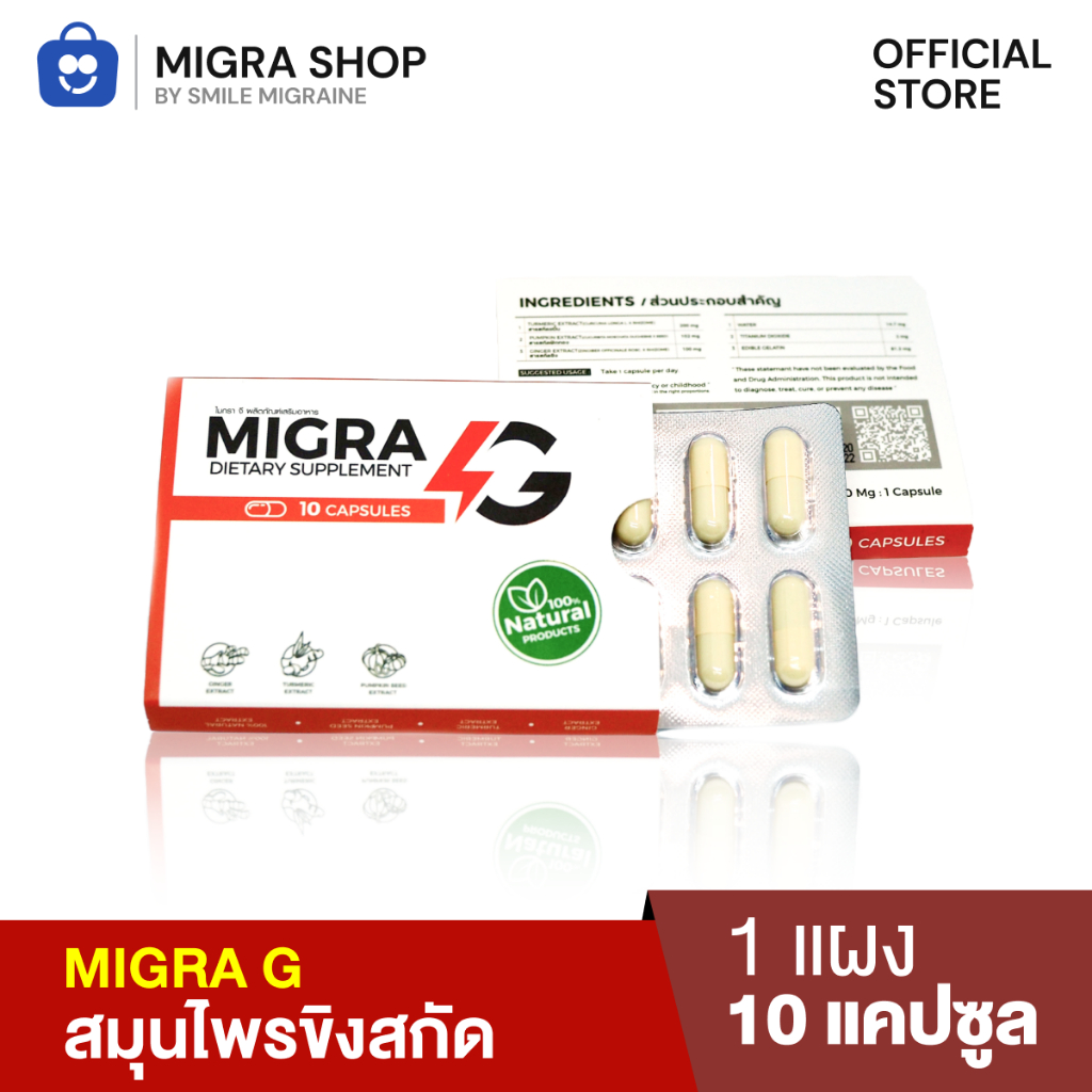 MIGRA G ผลิตภัณฑ์สารสกัดจากขิงและขมิ้นลดปวดไมเกรน