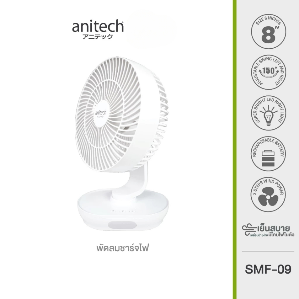 Anitech พัดลมชาร์จไฟ รุ่น SMF-09 ปรับระดับแรงลมได้ 3 ปรับส่าย ซ้าย-ขวาได้สูงสุด 150 องศา