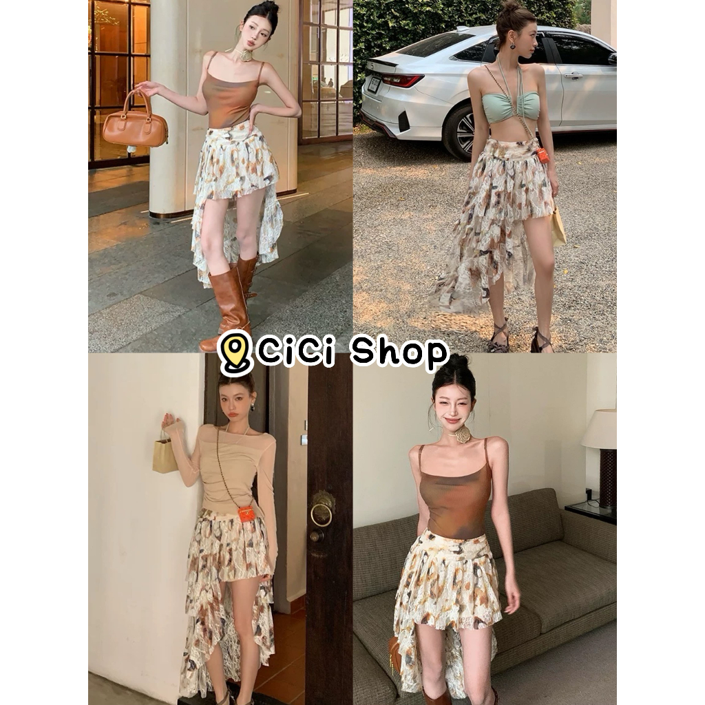 Cicishop(2525) กระโปรงผ้าตาข่าย แนววินเทจ มีซับใน ซิปข้าง สไตล์หน้าสั้นหลังยาว สไตล์สาวโบฮีเมี่ยน