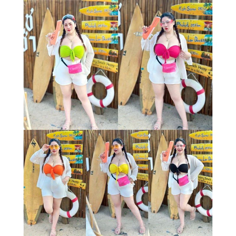 ชุดเซ็ท 💦อก38-50💦 เสื้อคลุมชีฟอง+เกาะอก+กางเกงซิปหน้าเอวสม็อคหลัง เซ็ทสาวอวบ  (F96)