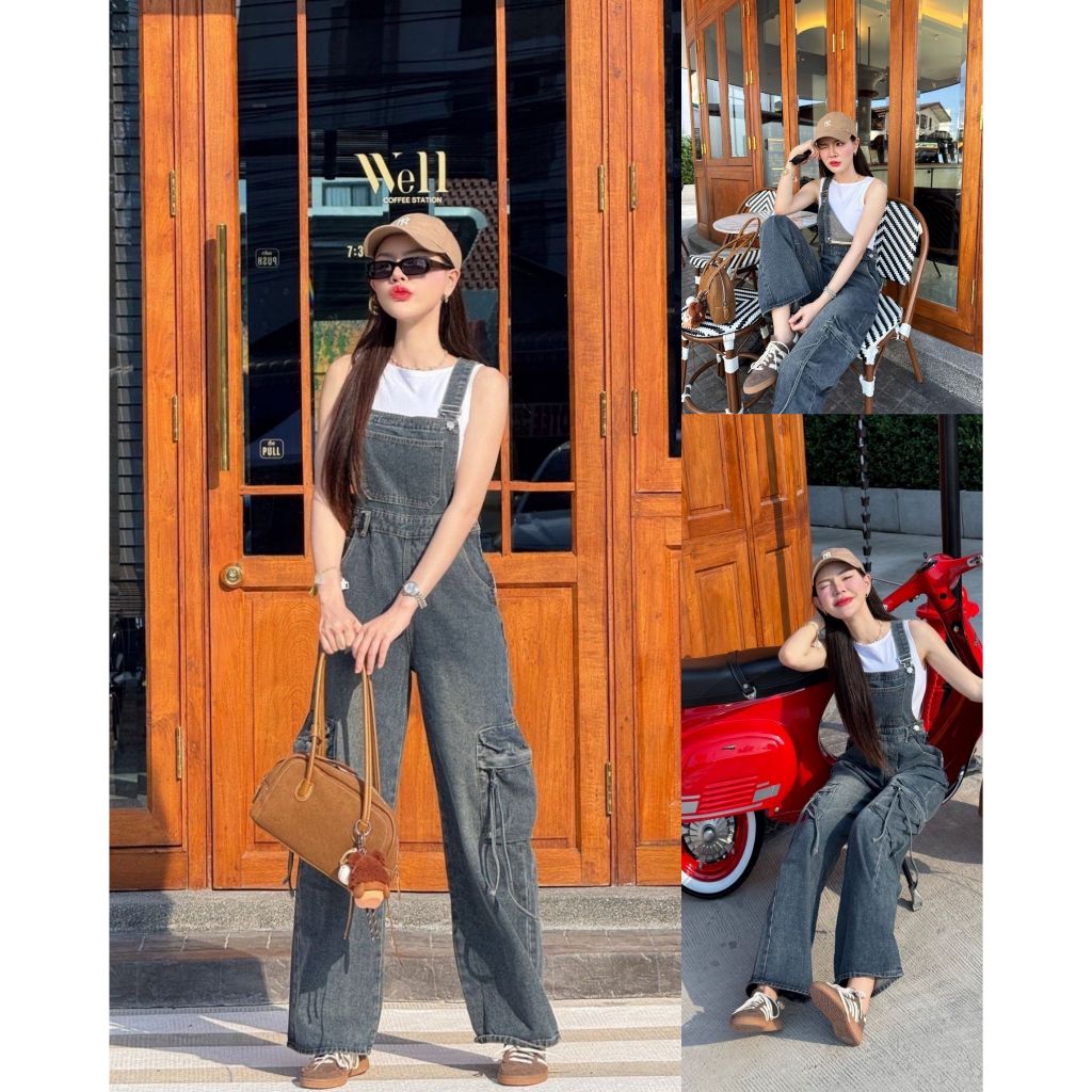 【WSHOP WS 3306】 "JEANS" เอี้ยมยีนส์ขายาว สียีนส์เข้มแต่งด้านหน้าและกระเป๋าด้านข้าง สายเอี้ยมปรับระดับได้