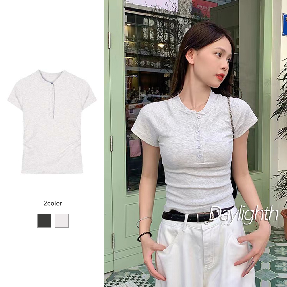 ❤️จัดส่ง 24 ชม❤️ เกลียว ปุ่ม แขนสั้น เสื้อยืด ผู้หญิง ทรงเข้ารูป มีจีบ สั้น เสื้อด้านล่าง ด้านบน DL