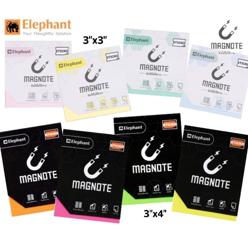 Elephant กระดาษโน้ตแม่เหล็ก Sticko Magnote 3"×3" สีพาสเทล, 3"×4" สีนีออน (100 แผ่น/แพ็ค) ติดได้ไม่ใช้กาว ราคาต่อ 1 แพ็ค