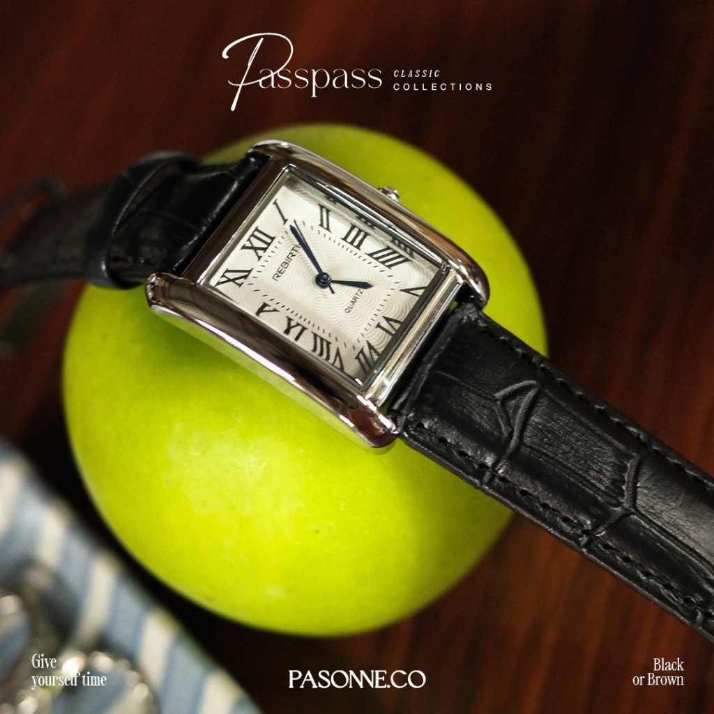 pasonne.co นาฬิกาข้อมือ ทรงผืนผ้า รุ่น passpass สายสีดำและน้ำตาล เหมาะกับรอบข้อมือใหญ่