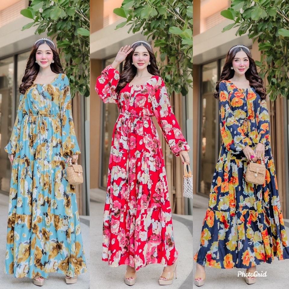 พร้อมส่ง MAXI DRESS BOHEMIAN STYLE ชุดเดรสสาวอวบไซส์ใหญ่ชุดยาว ผ้าสปันพิมพ์ลายดอกไม้สไตล์โบฮีเมียน ใส่เที่ยวทะเล อินเดีย