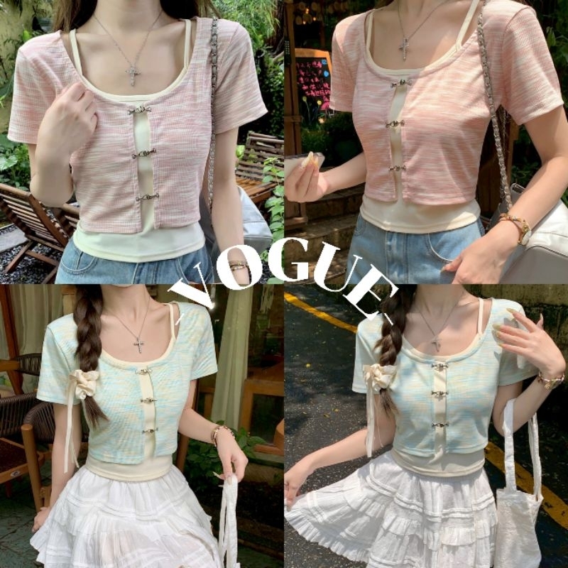 Vogue🌟พร้อมส่ง🌟 เสื้อไหมพรม แขนสั้นคอกลม แต่งสองชั้นสีสดใส (96195)