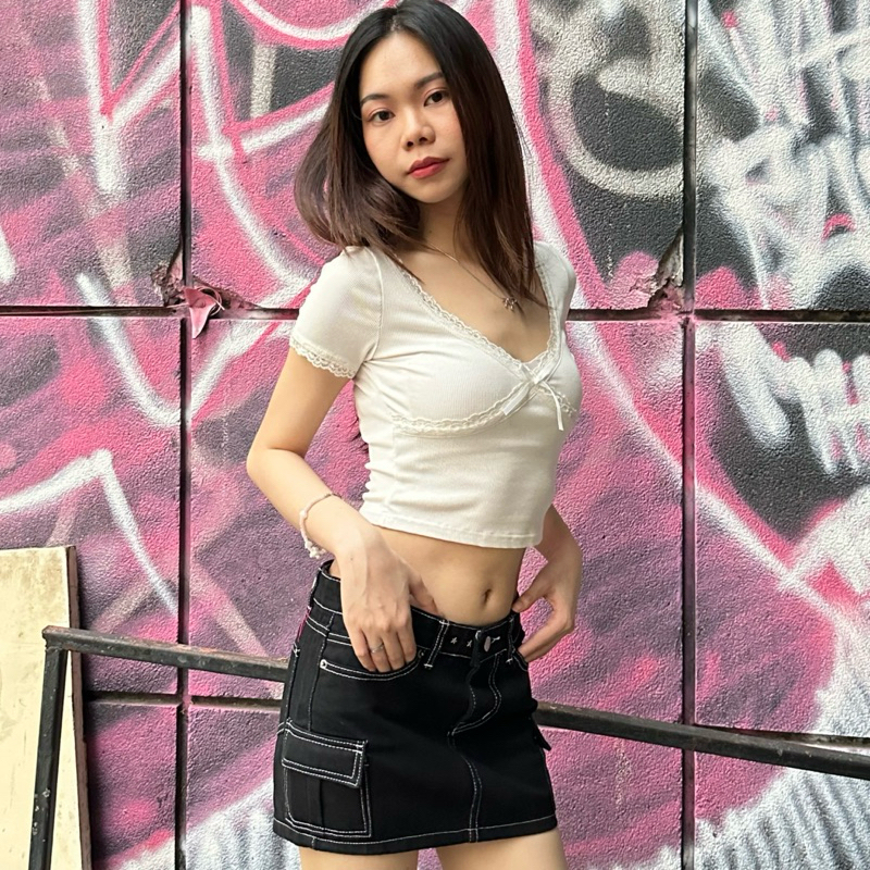 Mabeau - Cargo jean mini skirt กระโปรงคาโก้เอวต่ำ - รูปที่ 3