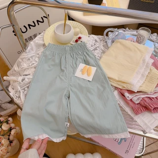 Babyonline(Y490)K1/2 (ส่งด่วน1วัน)กางเกงขายาวขากระบอกแฟชั่นสำหรับเด็กผู้หญิงแต่งผ้าลูกไม้ ผ้าฝ้าย นิ่ม ใส่สบาย