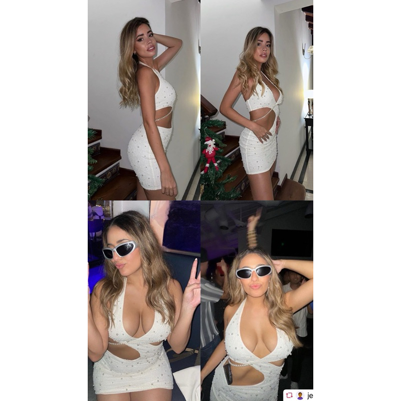 used  Oh polly 💯Halter Neck Cut Out pearl Mini Dressสีขาว (ซื้อจากshop 9000)