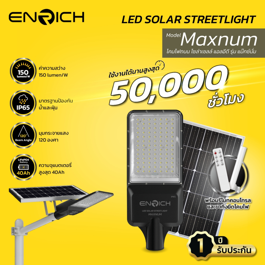 ENRICH streetlight solar โคมไฟถนน ไฟโซล่าเซลล์ รุ่น Maxnum ขนาด300W 400W แสงขาว มีรีโมท ไฟ Led โซล่า