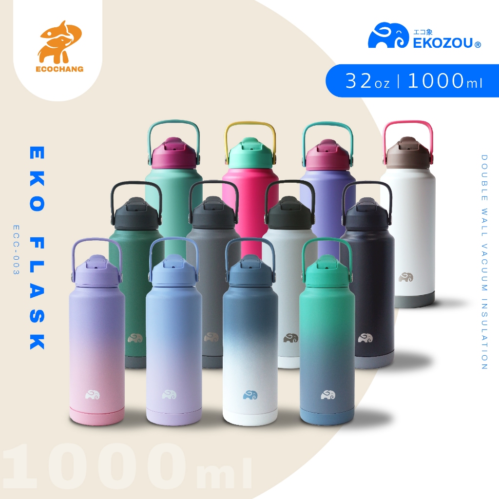EKOZOU รุ่น EKO FLASK ขวดน้ำสแตนเลส 304 ขนาด 25/32/40oz [750/1000/1200ml] มีหลอดดูด มีหูหิ้ว ยางรองก้นแก้ว
