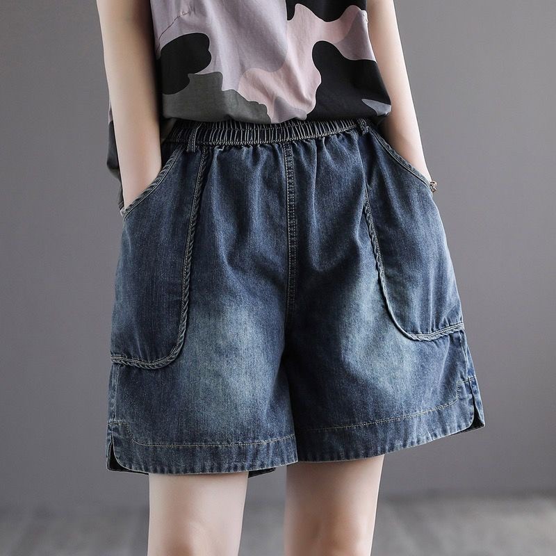 กางเกงยีนส์ขาสั้น S-10XL เอวสูงผ้ายีนส์นิ่ม เอวสม็อคทรงหลวมขากว้าง  ดีไซน์แต่งกระเป๋าข้าง