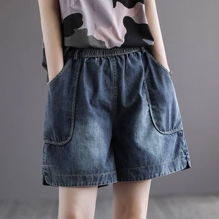 กางเกงยีนส์ขาสั้น S-10XL เอวสูงผ้ายีนส์นิ่ม เอวสม็อคทรงหลวมขากว้าง ดีไซน์แต่งกระเป๋าข้าง