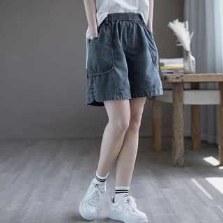 กางเกงยีนส์ขาสั้น S-10XL เอวสูงผ้ายีนส์นิ่ม เอวสม็อคทรงหลวมขากว้าง ดีไซน์แต่งกระเป๋าข้าง