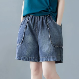 กางเกงยีนส์ขาสั้น S-10XL เอวสูงผ้ายีนส์นิ่ม เอวสม็อคทรงหลวมขากว้าง ดีไซน์แต่งกระเป๋าข้าง