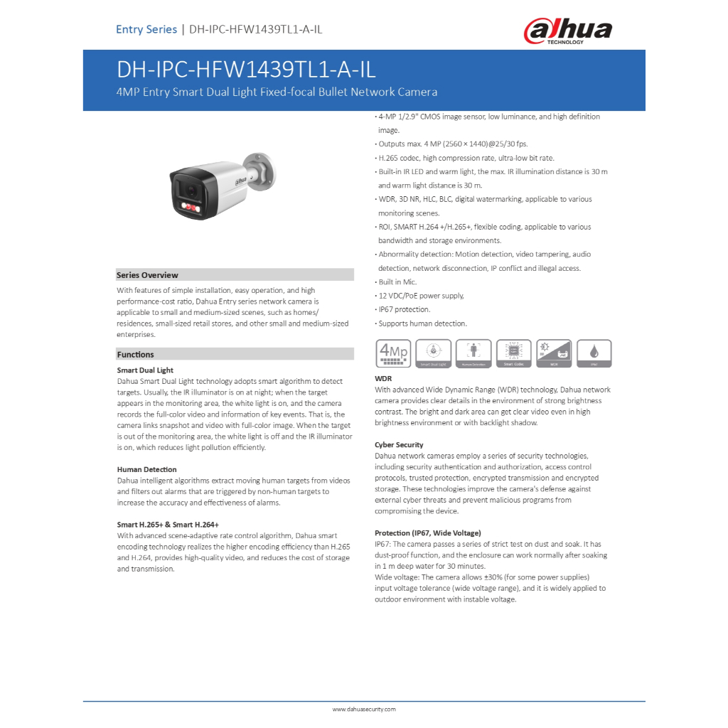 DAHUA กล้องวงจรปิด PoE 4MP มีไมค์ในตัว Smart Dual Light รุ่น IPC-HFW1439TL1-A-IL 3.6mm