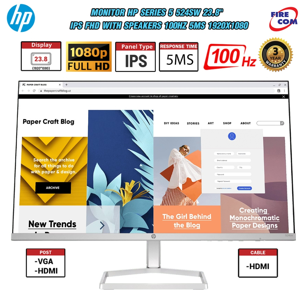 จอคอมพิวเตอร์ Monitor HP Series 5 524SW 23.8" IPS FHD With Speakers (VGA,HDM)94C22AA สามารถออกใบกำกั
