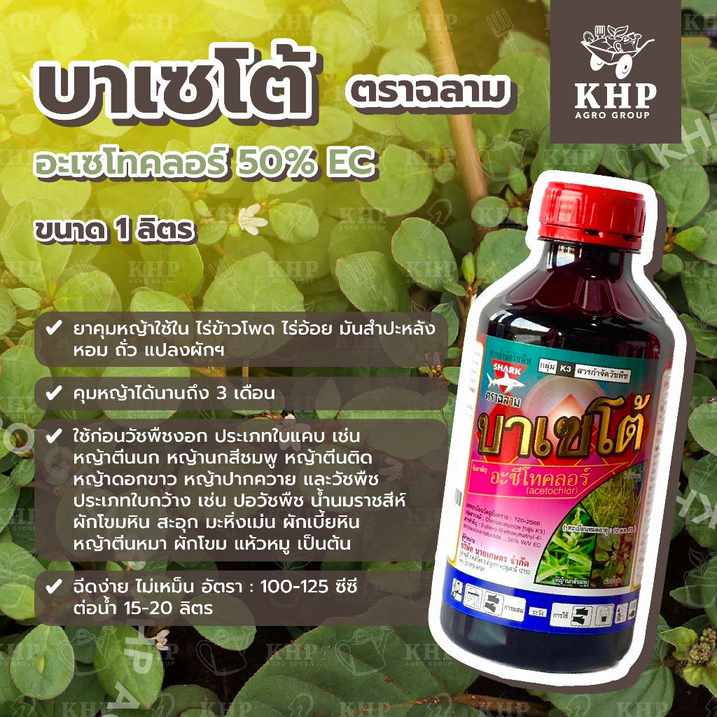 บาเซโต้ ยาคุมหญ้าใช้ใน ไร่ข้าวโพด ไร่อ้อย มันสำปะหลัง หอม ถั่ว แปลงผักฯ คุมนาน 3 เดือน อะเซโทคลอร์ 50%EC ตราฉลาม 1 ลิตร