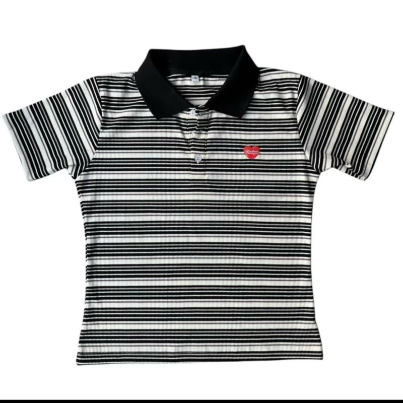 CHALYN รุ่น Airi (เอริ) LM29 เสื้อโปโลแขนสั้นลายทาง เล่นสีปก ปักหัวใจแดง น่ารักๆ สไตล์เกาหลี ผ้ายืด 