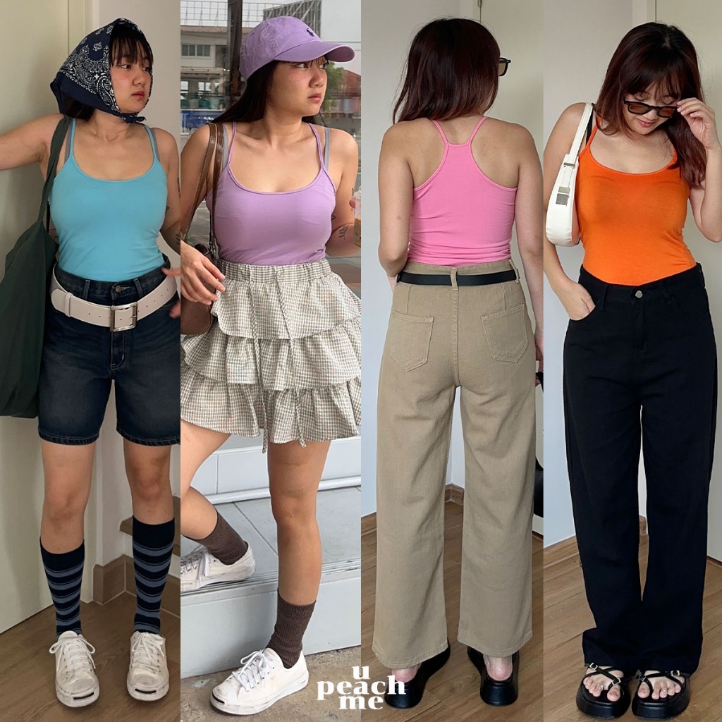 upeachme(E0001) Everytank [อก24-40] เสื้อสายเดี่ยวยาวเต็มตัวสีพื้น สายเดี่ยวเข้ารูปยืดได้