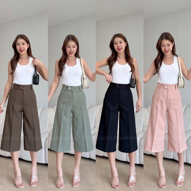 กางเกงขา4ส่วนทรงเอเอวสูงขอบเอวป้ายแต่งหูเข็มขัดสวยหรูเก็บทรงสวยมากS-3XL♾️