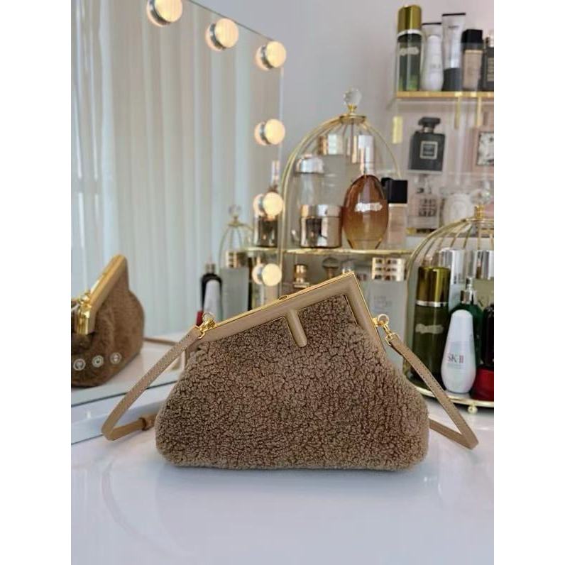 FENDI Fendi First Mink Fur Lambskin Leather Shoulder Crossbody Clutch Small Khaki MB62  308