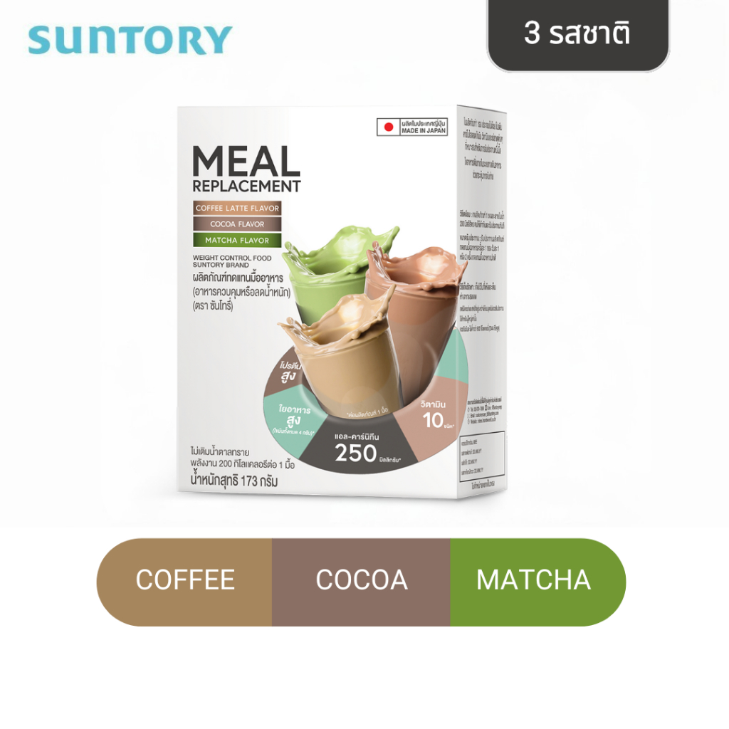 Suntory Meal Replacement (Suntory MRP) ผลิตภัณฑ์ทดแทนมื้ออาหาร(3 ซอง ชาเขียว กาแฟลาเต้ โกโก้) - อาหา