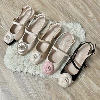 SudaSelect: รองเท้ารัดส้น ทรงแมรี่เจน สีทูโทน แต่งด้วยดอกคามีเลียใหญ่ ส้นสูง 1.5นิ้ว รหัส670851