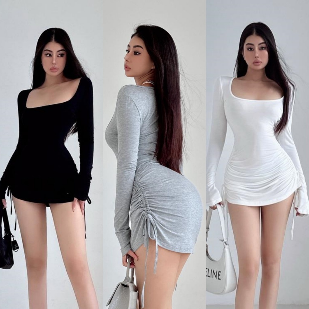 🌻Grace🌻 พร้อมส่งจากกทม ชุดเดรส เดรสเซ๊กซี่ ชุดเดรสแฟชั่นผู้หญิง ชุดเดรสแขนยาวเซ็กซี่ ชุดเดรสทรงเข้ารูปคอยู #2691