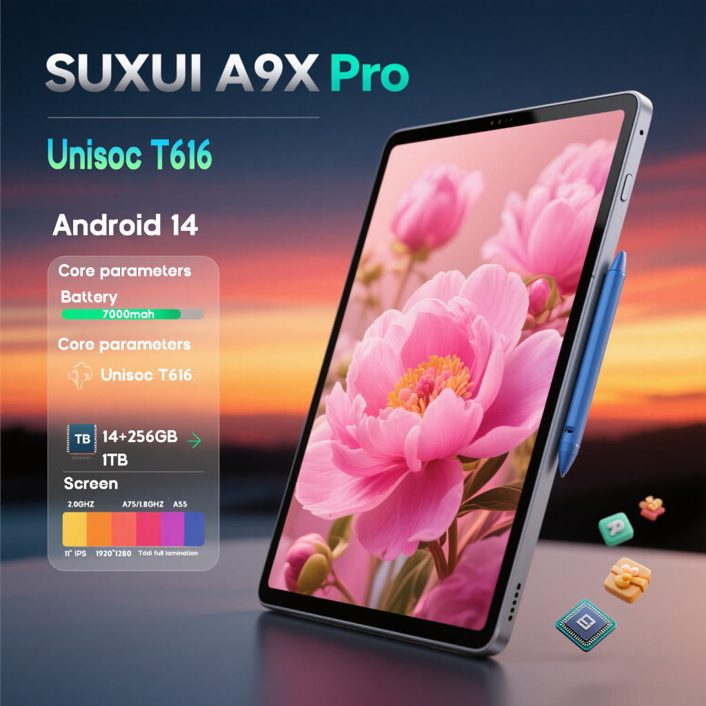 SUXI A9 XPro Pad 11.1 นิ้ว 14GB + 256GB แท็บเล็ตพีซี T616 โปรเซสเซอร์ 7000mAh Android14 รองรับ cod