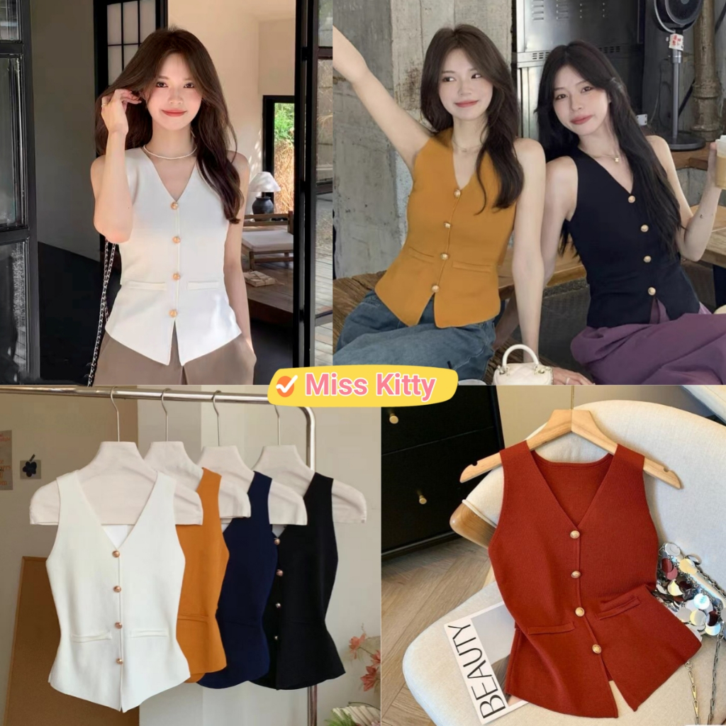 🎀Miss Kitty❤️พร้อมส่ง เสื้อกบ้ามไหมพรม คอวี กระดุมด้านหน้าสไตล์เกาหลี ดีเทลเว้าหลังเอว "20252"