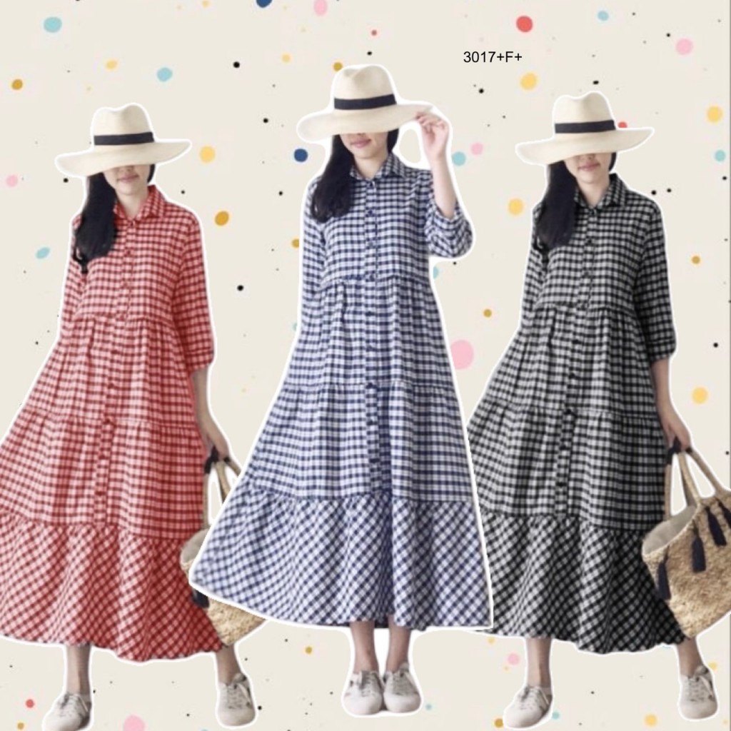 Maxi dress ลายสก๊อต ปกเชิ้ตแขนยาว TT3017 Plaid maxi dress with long sleeves