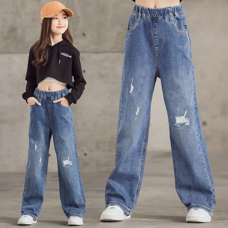 👖กางเกงยีนส์สำหรับสาว ๆ กางเกงยีนส์ขายาวเด็กหญิง ทรงหลวม ๆ ใส่สบาย ๆ เอวยางยืด กางเกงขายาวสำหรับสาว #T31212 thumbnail 4