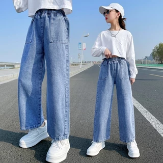 👖กางเกงยีนส์สำหรับสาว ๆ กางเกงยีนส์ขายาวเด็กหญิง ทรงหลวม ๆ ใส่สบาย ๆ เอวยางยืด กางเกงขายาวสำหรับสาว #T31212