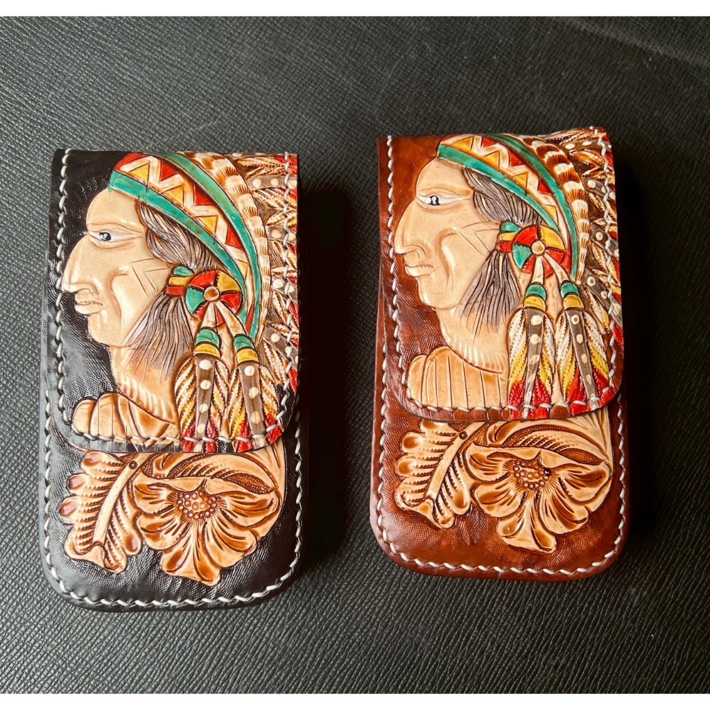 กระเป๋าใส่มือถือ ใส่โทรศัพท์ แนวตั้ง หนังแท้ตอกลาย งานฝีมือHandmade