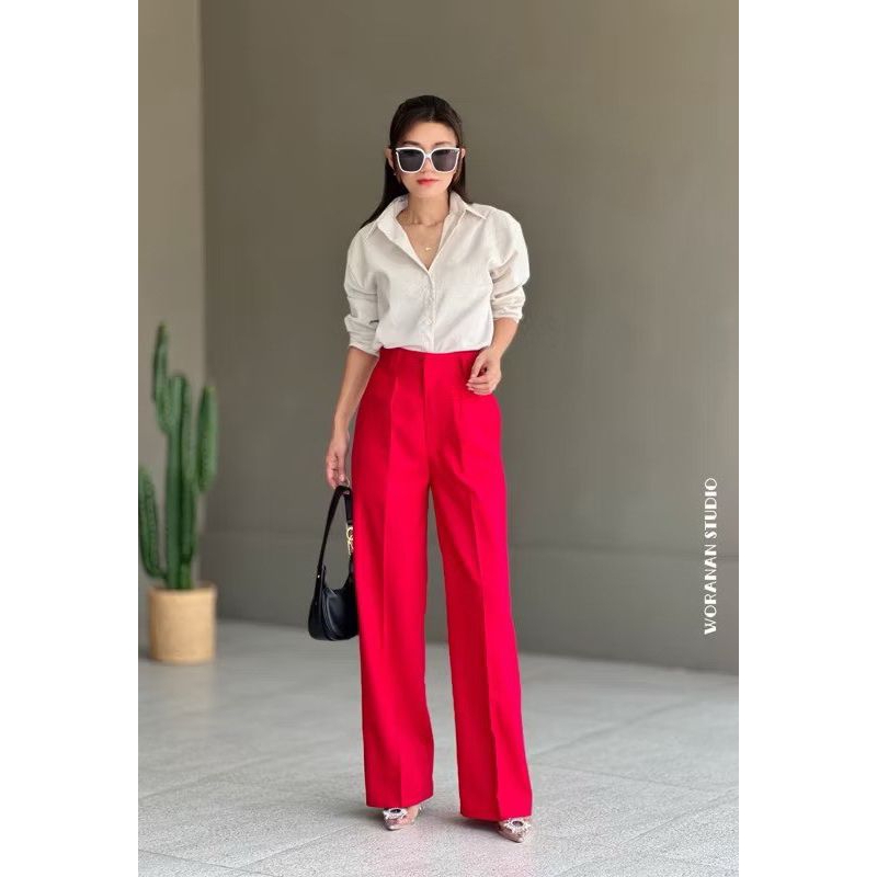 กางเกงผ้าลินินทรงขากระบอกกลางเอวสูงหูเข็มขัดคู่เก็บทรงเอวคอดสวยเป๊ะS-3XL - รูปที่ 2