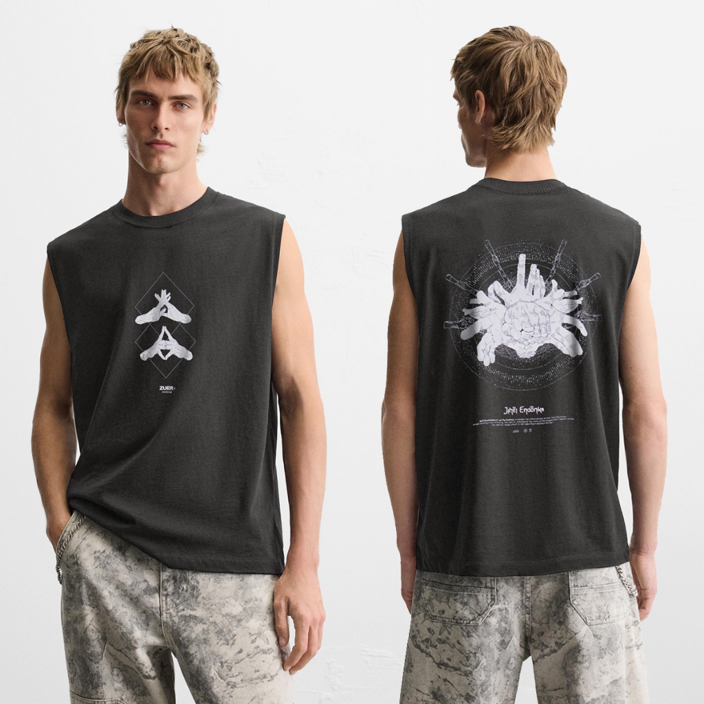 [ZUER] เสื้อแขนกุด Mahito Jihei Endonka, Vintage Faded Cotton Sleeveless ผ้าเฟดสกรีน DTG