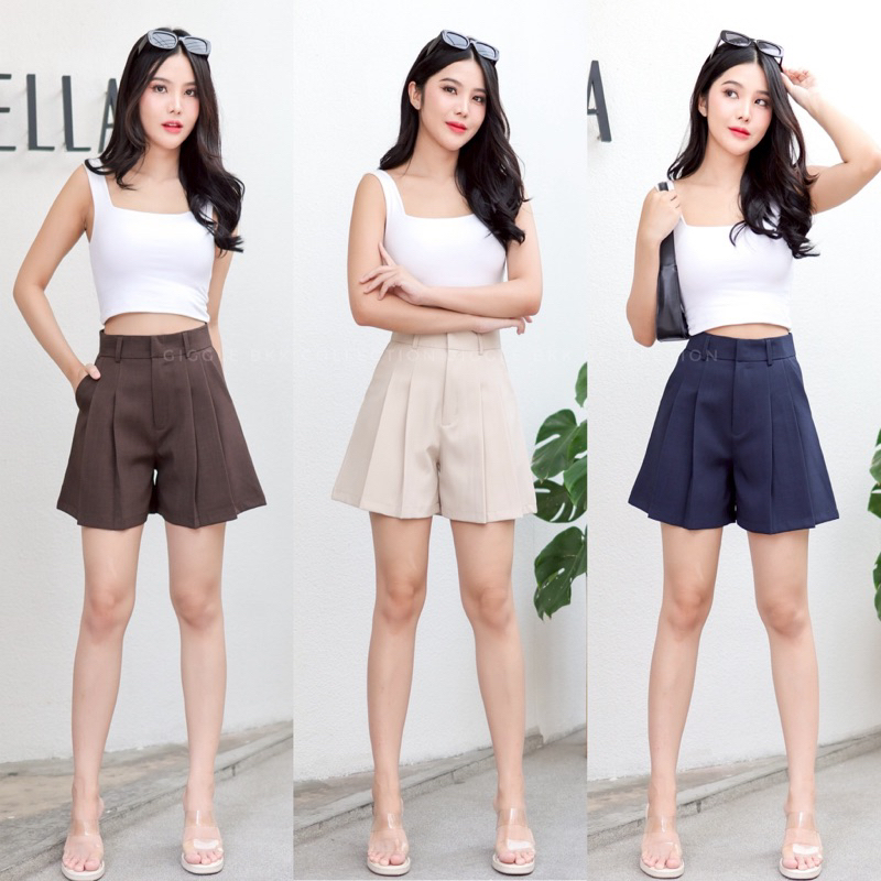 กางเกงขาสั้นผู้หญิง แต่งจีบหน้า ผ้าออดี้ ไซส์ S-xxl