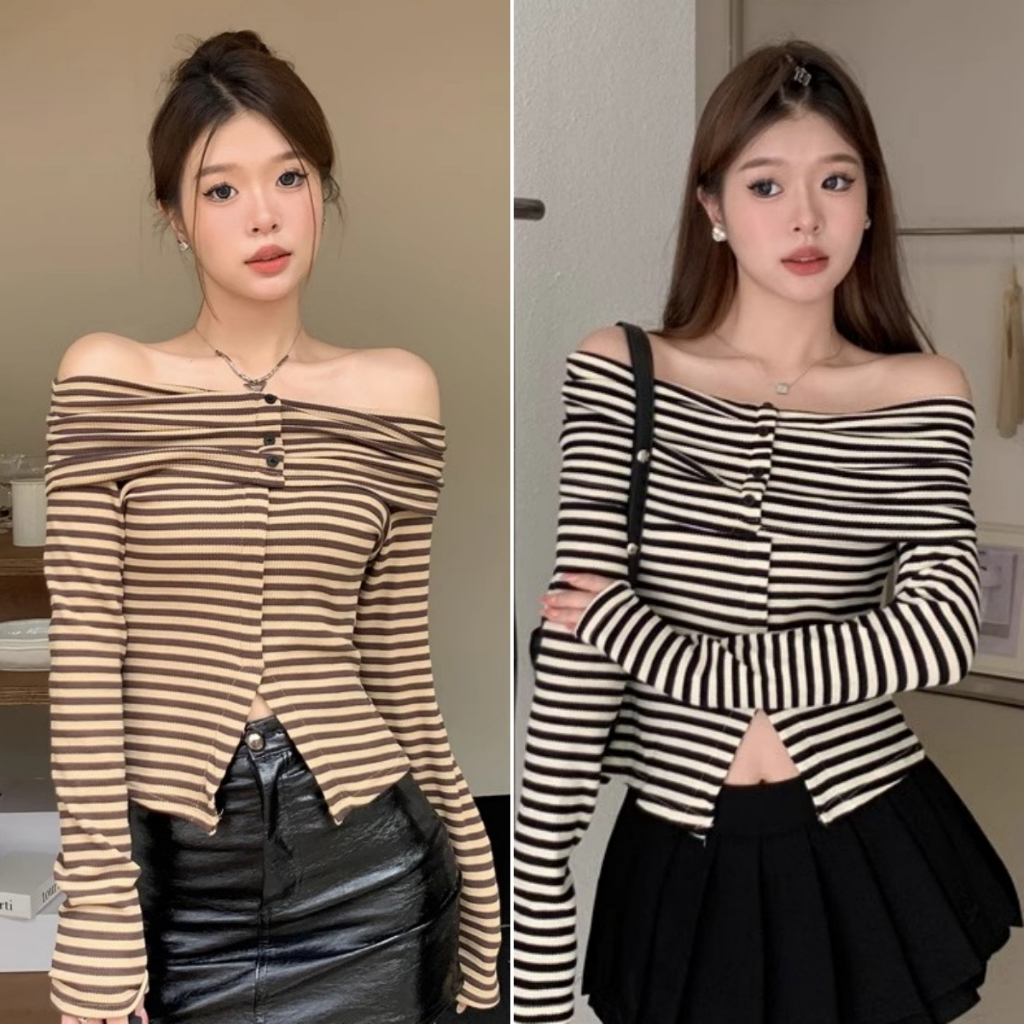 cherryshop🍒พร้อมส่ง เสื้อยืดแขนยาวผู้หญิง เสื้อเปิดไหล่ สลิม เกาหลีมาก สาวฮอตอ เปิดไหล่ รับผู้หญิง เซ็กซี่