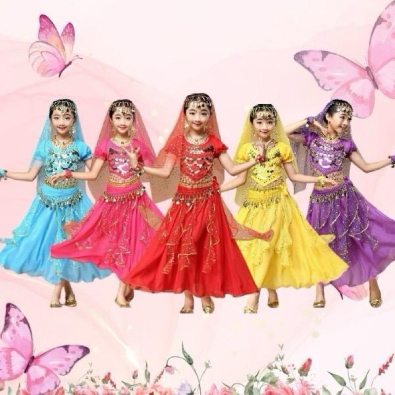 ชุดจินนี่เด็ก กระโปรง ชุดแขกเด็ก กระโปรง ชุดเต้น  เสื้อกระโปรงพร้อมผ้าคาดหัวคาดเอว รวมสี่ชิ้น