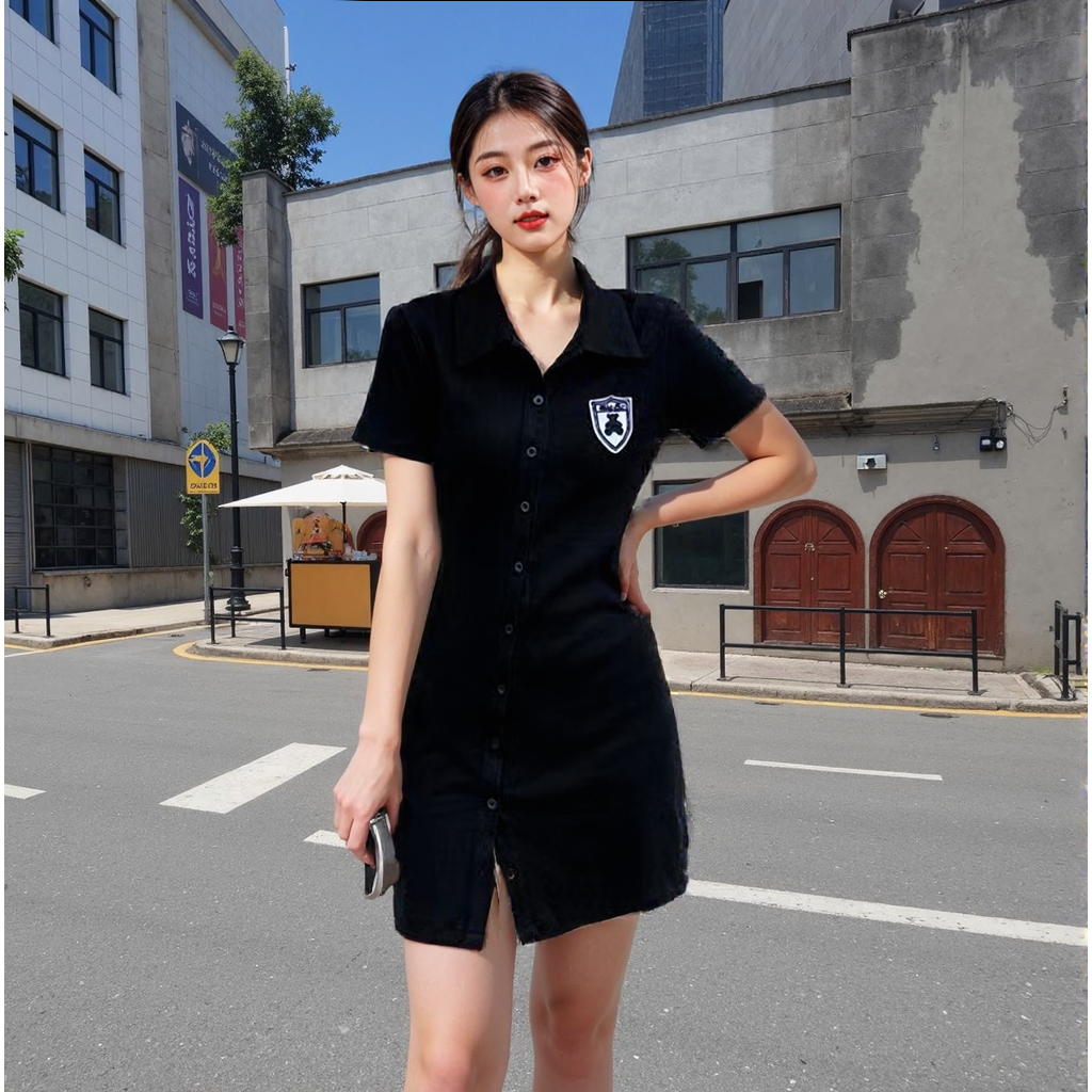 เดรสดำ เสื้อโปโล ปก สไตล์เกาหลี ปุ่มกด ชุดไปคาเฟ่ เดรสคอปก กระโปรงนักเรียน