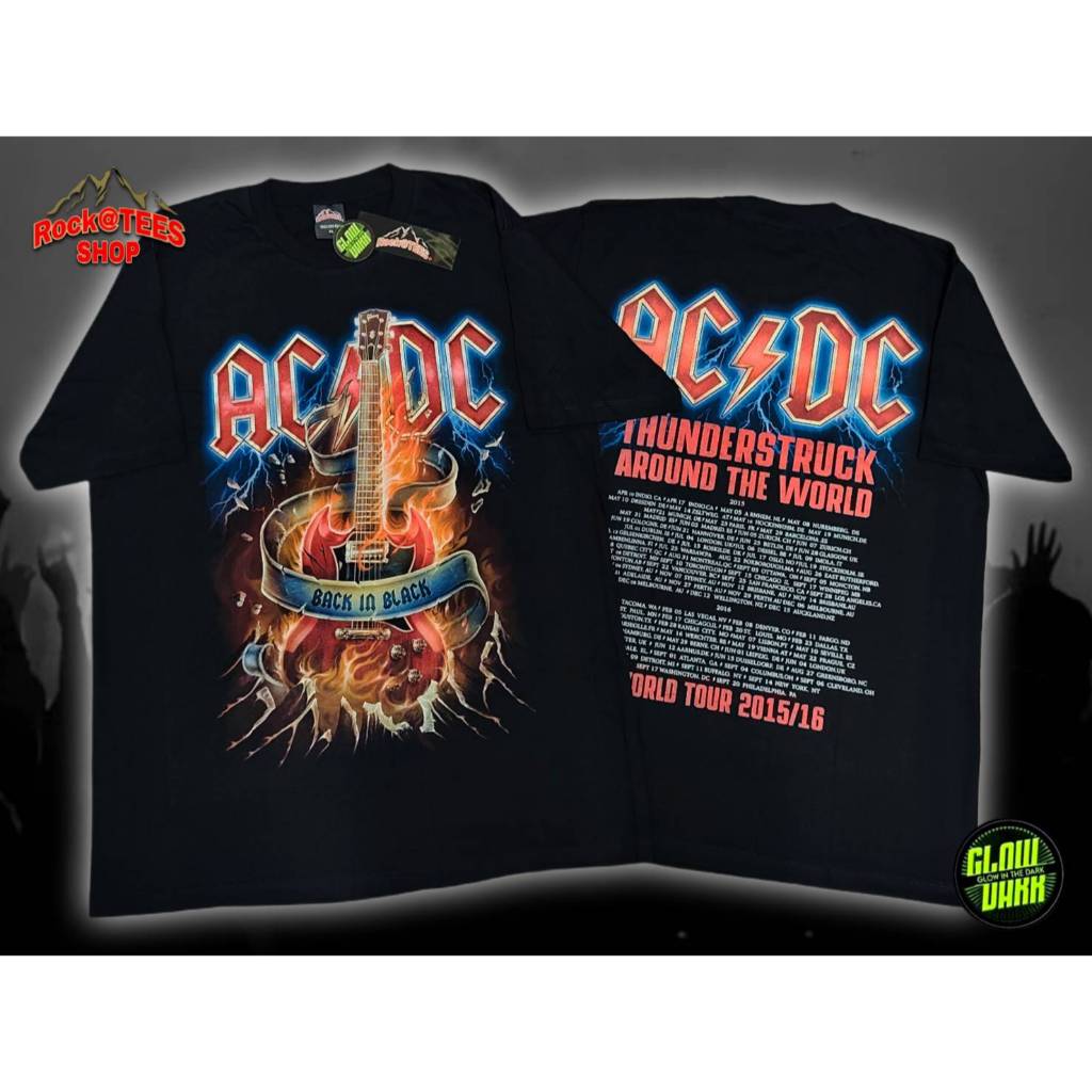 เสื้อยืด AC/DC ลาย Back In Black สกรีนหน้า-หลัง เรืองแสง ป้าย Rock@TEES คอตตอน 100%
