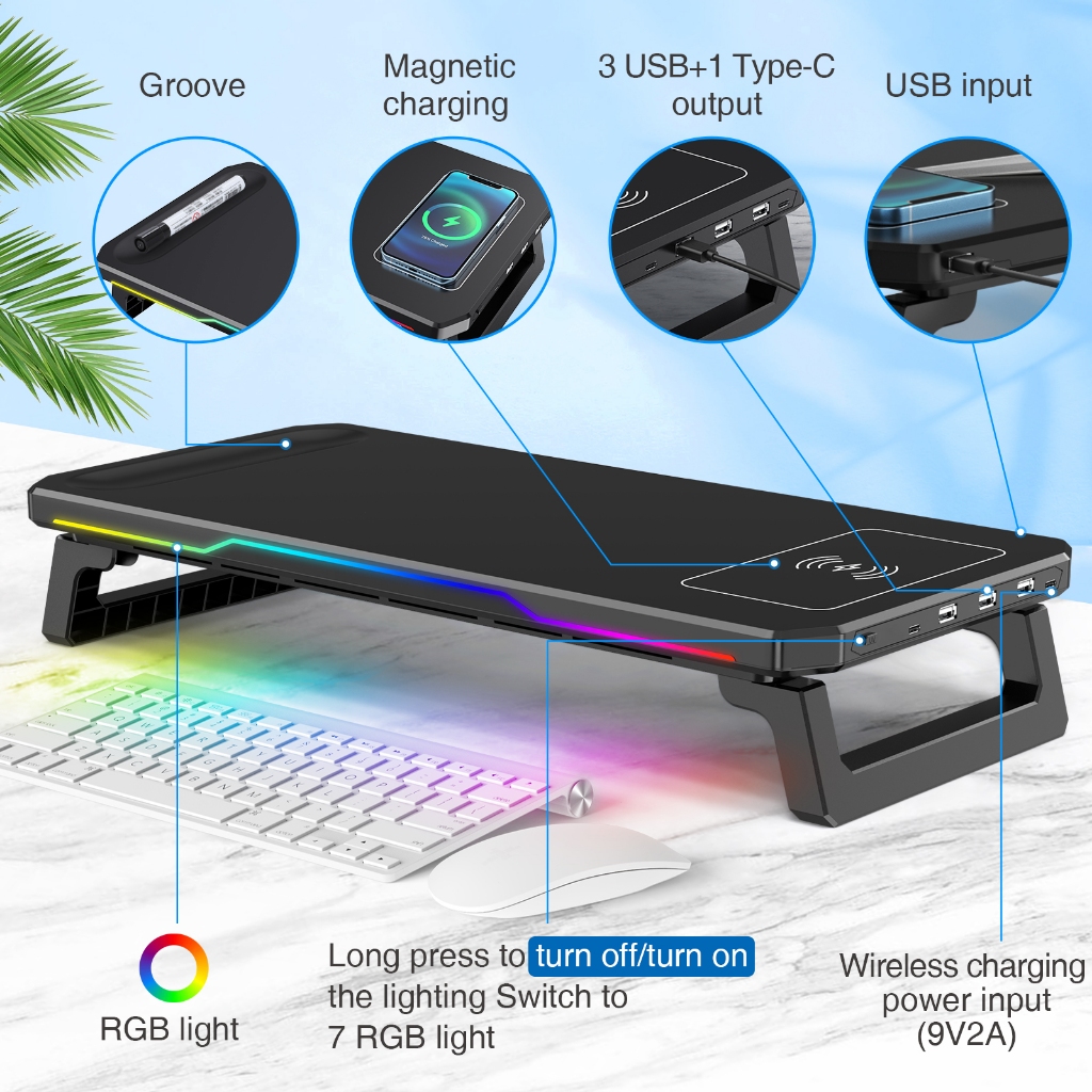 พร้อมการชาร์จแบบไร้สาย ที่วางจอคอม USB ปรับความสูงได้ รองรับการเชื่อมต่อUSB TypeC ชั้นวางจอคอม ที่วางมอนิเตอร์ แท่นวางจอ