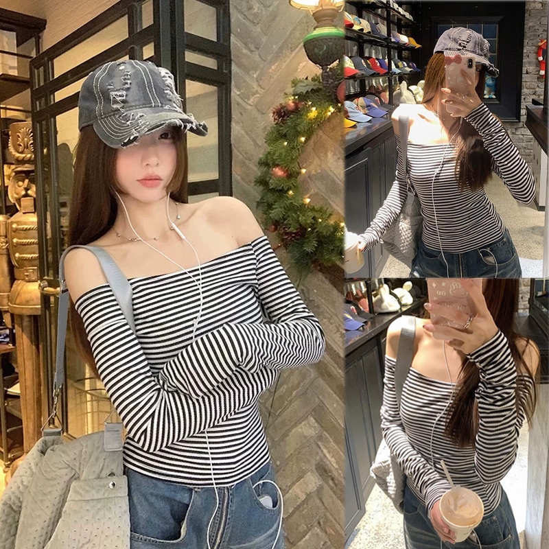 BIMI เสื้อยืดแขนยาวลายทางคลาสสิกวินเทจ, สำหรับผู้หญิง, สไตล์อิน,เปิดไหล่เซ็กซี่,อเนกประสงค์, เสื้อหรูหรา, Women Clothing