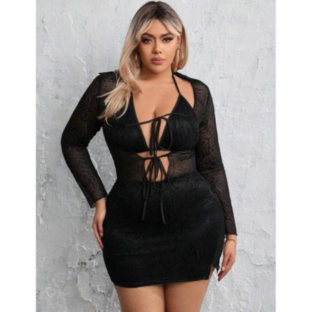 มือ 1 แค่ลอง SHEIN 0XL พลัสไซส์ พิมพ์ลาย ดอกไม้ ตาข่าย เสื้อท็อป พร้อม ปมด้านหน้า รายละเอียด และ แมท