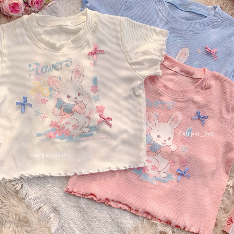 🌸OVP🌸 เสื้อยืดคอกลม ผ้าร่อง แต่งขอบหยัก สกรีนลายการ์ตูน พร้อมเข็มกลัดโบว์ลายสก็อต เสื้อยืดลายการ์ตูน เสื้อเอวลอย - รูปที่ 3