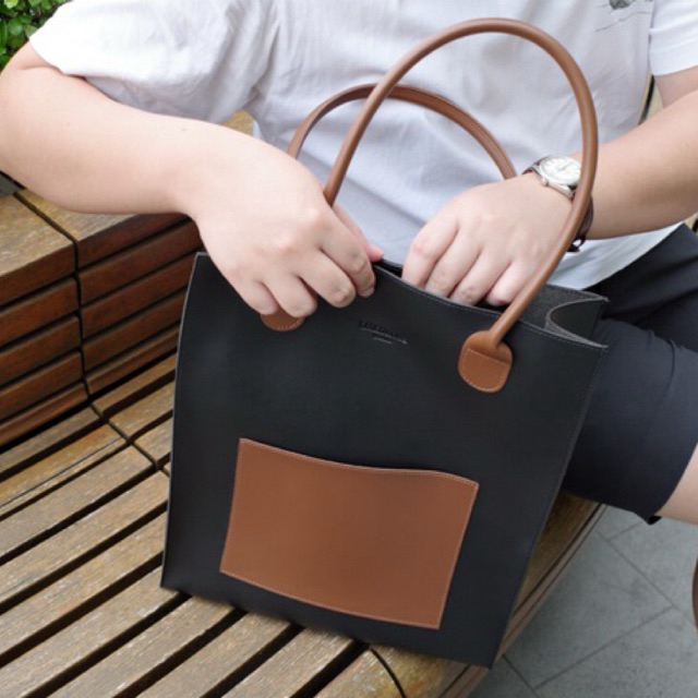 ALLY TOTE BAG LUNGO กระเป๋าทำงานหนัง PU ใบใหญ่ ใส่ A4/โน้ตบุ๊ก/Ipad มีช่องหน้า สีทูโทนเรียบหรู สะพายไหล่ได้ พร้อมส่ง