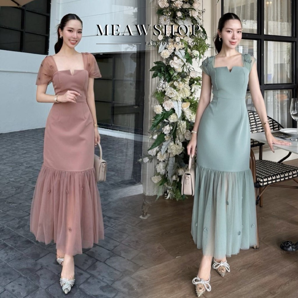 พร้อมส่ง S-3XL เดรสคอรูปหัวใจ ตรงไหล่ เป็นผ้าซีทรูปิดไหล่ ชุดออกงาน ชุดไปงาน ชุดเพื่อนเจ้าสาว  ชุดเด